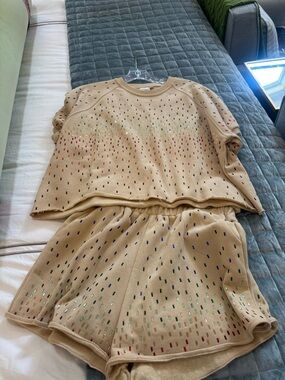 QUEEN OF SPARKLES Beige Pajama Set with Multicolor Metallic Accents